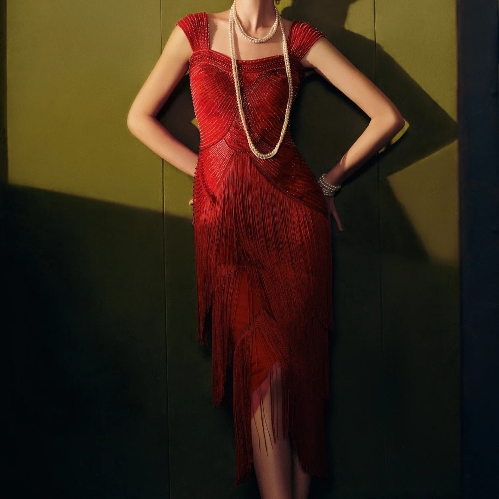 Old World Glamore Dark Red Beaded Fringe Dress - Picture 2 of 7